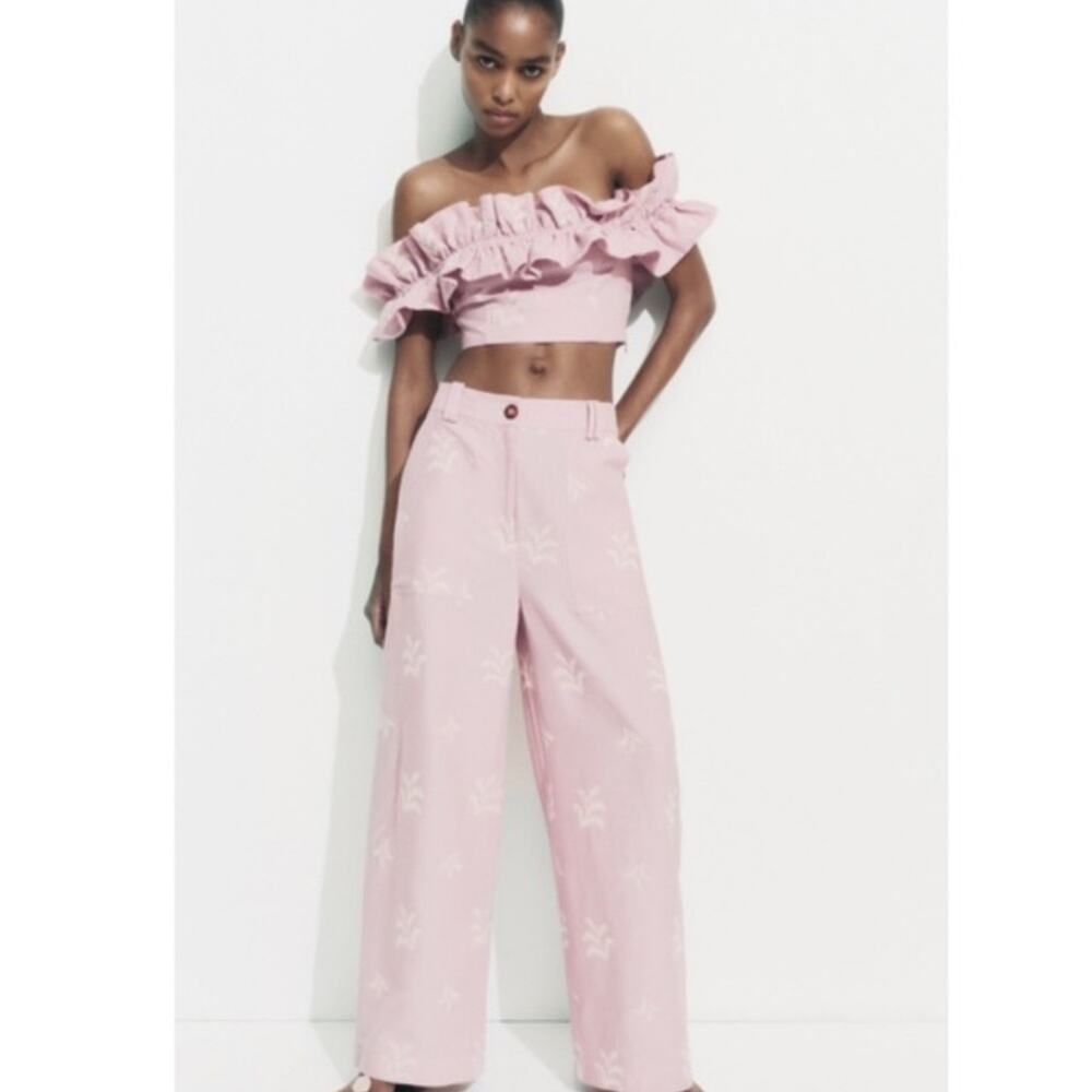 ZARA Embroidered Linen Blend Pants and Top Set Sz XS